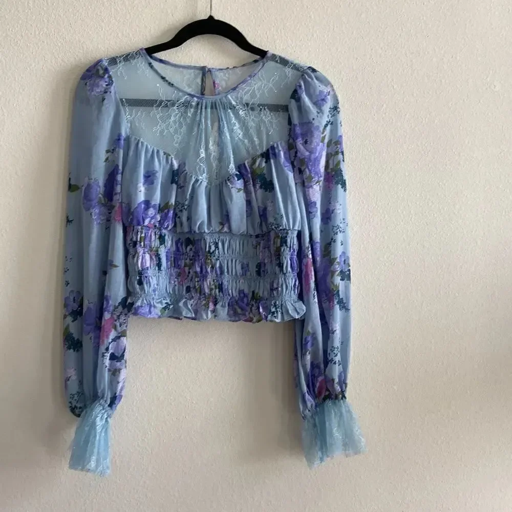 Free People Daphne Blouse in Silver Blue Combo NWT Sz S